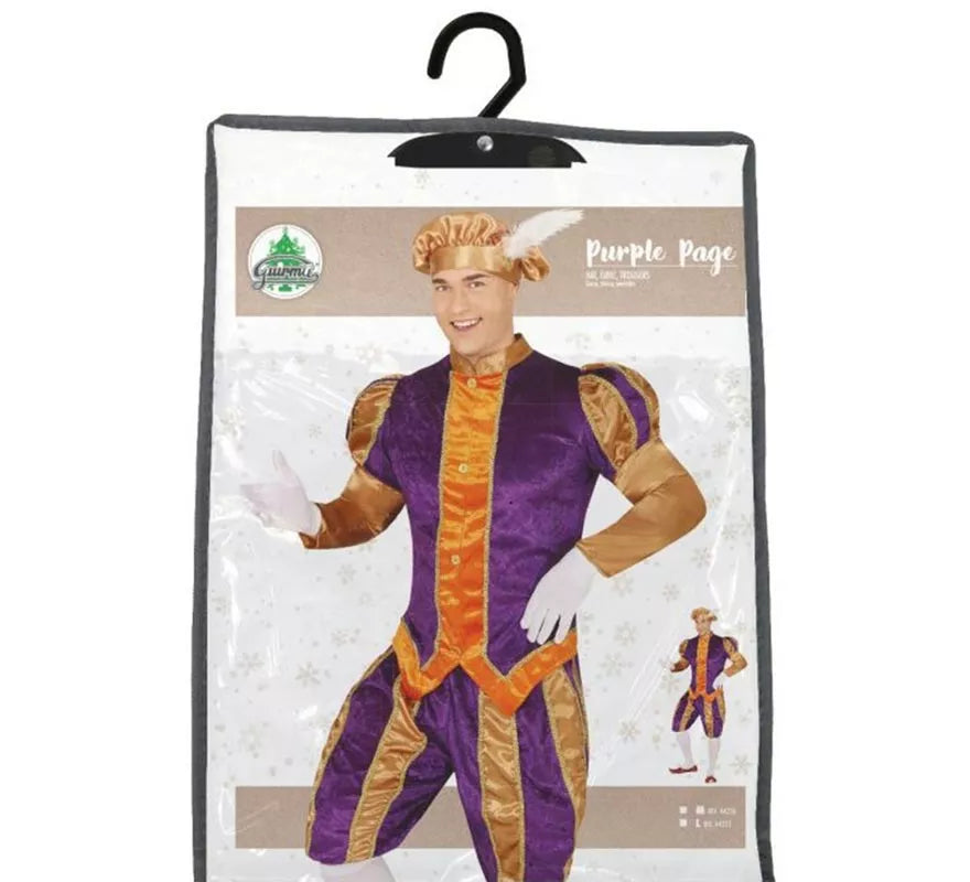 Disfraz de Paje morado y naranja con gorro para hombre