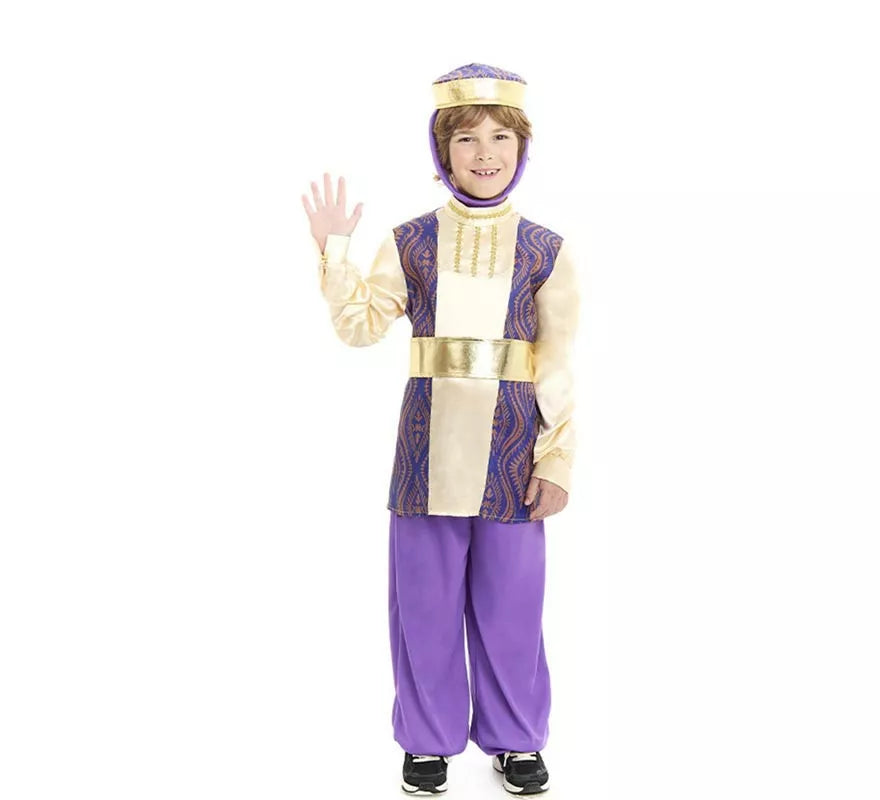 Disfraz de Paje Rey Baltasar morado con gorro para niño