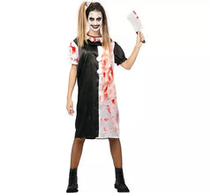 Fato de palhaço preto e branco com sangue falso para mulher