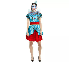 Fato de palhaço maníaco azul e vermelho para mulher