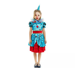 Fato de palhaço maníaco azul e vermelho para menina e adolescente