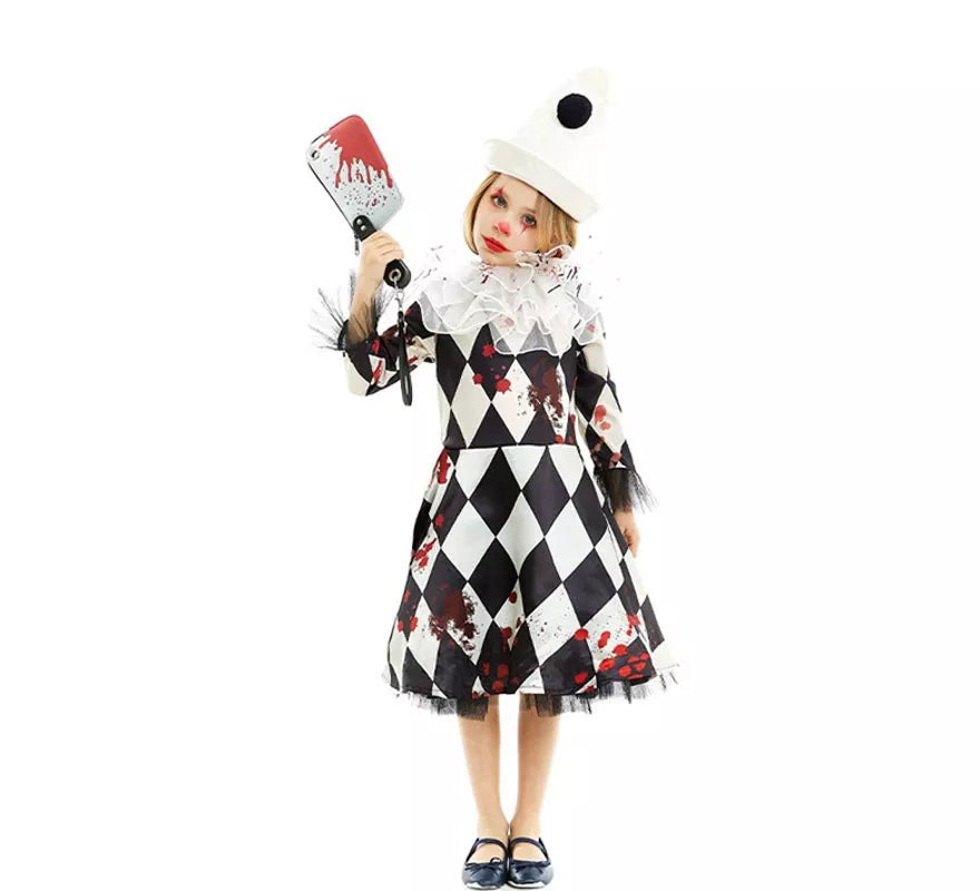Translation missing: pt-PT.Disfraz de Payasa Pierrot Asesina con gorro para niña y adolescente