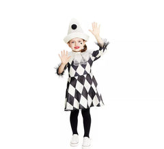 Fato de palhaço Pierrot losango com chapéu para bebé e menina