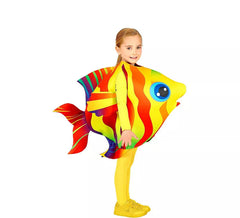 Fato de peixe tropical amarelo e vermelho para criança
