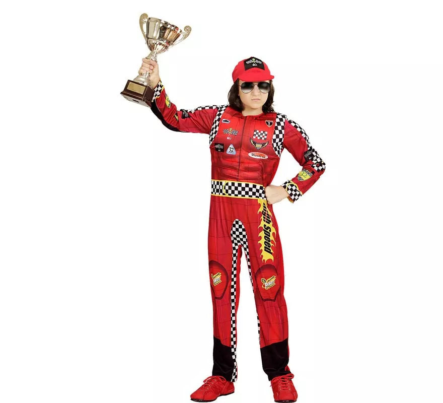 Translation missing: pt-PT.Disfraz de Piloto de Formula 1 rojo a cuadros con gorro para niño