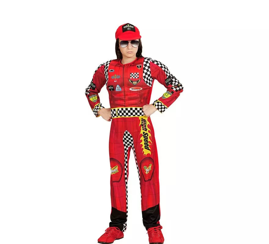 Translation missing: pt-PT.Disfraz de Piloto de Formula 1 rojo a cuadros con gorro para niño