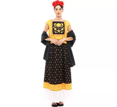 Fato de Frida Kahlo amarela e preta para mulher