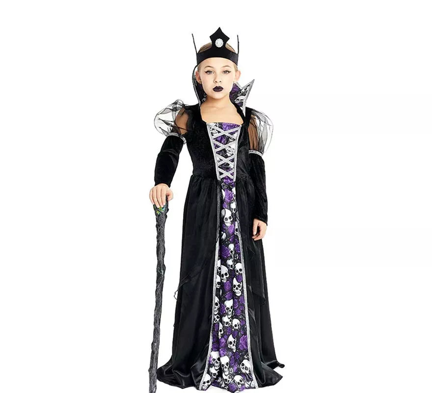 Translation missing: pt-PT.Disfraz de Reina Calavera oscura con corona para niña y adolescente