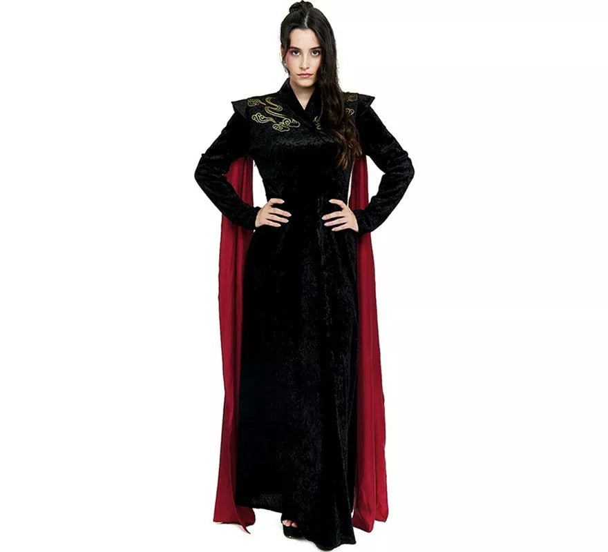 Translation missing: pt-PT.Disfraz de Reina Dragón negro con mangas rojas para mujer