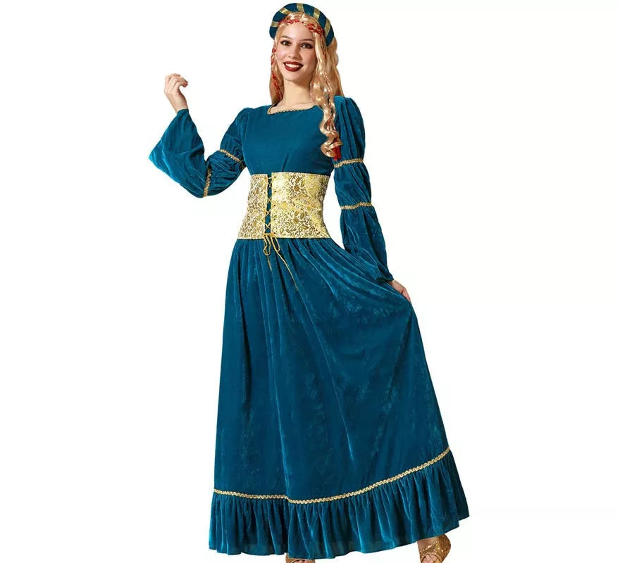 Translation missing: pt-PT.Disfraz de Reina Medieval azul y dorado con tocado para mujer