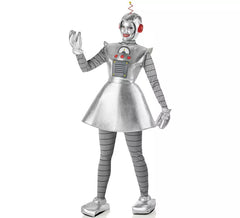 Fato de robô antigo prateado para mulher