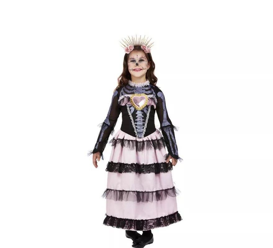 Translation missing: pt-PT.Disfraz de Señorita del Día de Muertos negro y rosa para niña