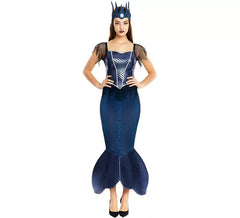 Fato de sereia azul malvada com coroa para mulher