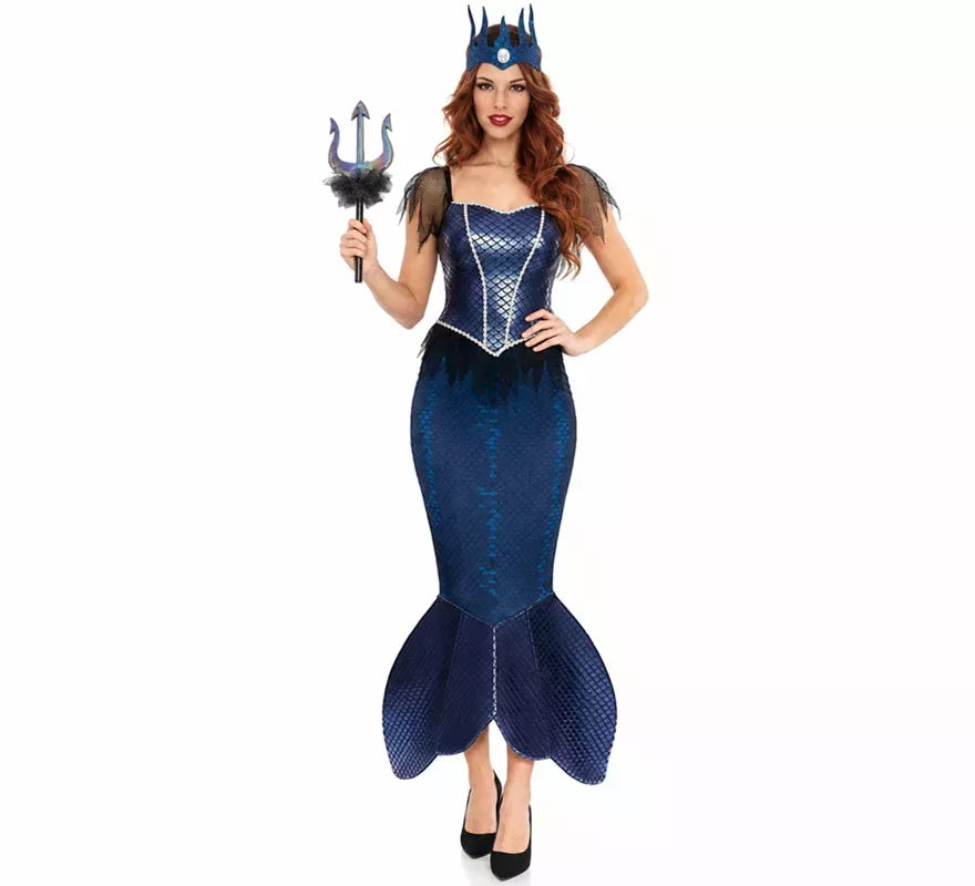 Disfraz de Sirena Malvada azul con corona para mujer