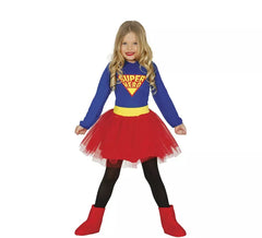 Fato de super heroína azul e vermelho com tutu para menina