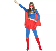 Fato de super heroína azul e vermelho para mulher