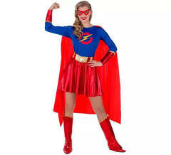 Fato de super-heroína vermelha e azul para mulheres