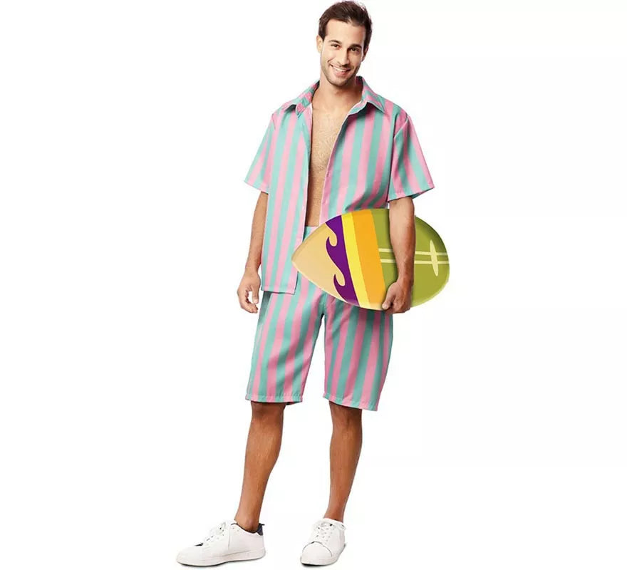 Translation missing: pt-PT.Disfraz de Surfista rosa y azul a rayas para hombre