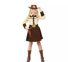 Fato de cowgirl bege e castanho com cinto para menina