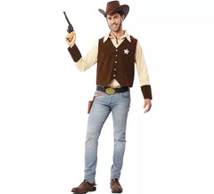 Fato de cowboy de xerife marrom para homem