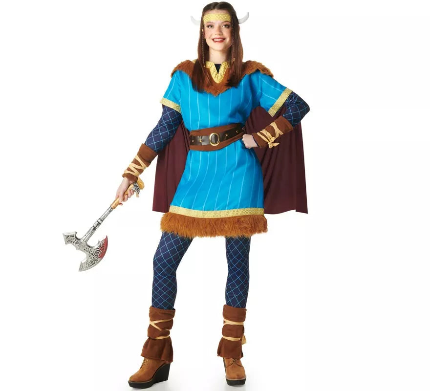 Translation missing: pt-PT.Disfraz de Vikingo azul con Capa para mujer