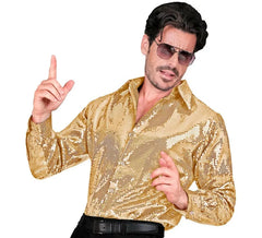 Fantasia ou camisa fashion dourada com lantejoulas para homem