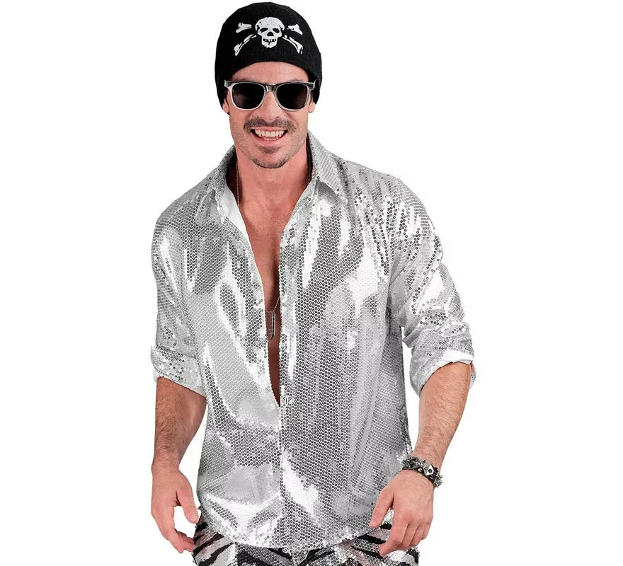 Disfraz o Camisa Moda plateada con lentejuelas para hombre