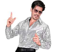 Fantasia ou camisa fashion prateada com lantejoulas para homem