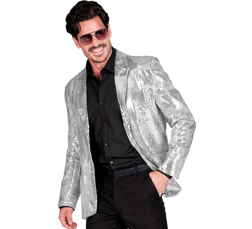 Translation missing: pt-PT.Chaqueta de Moda Disco plateada con lentejuelas para hombre