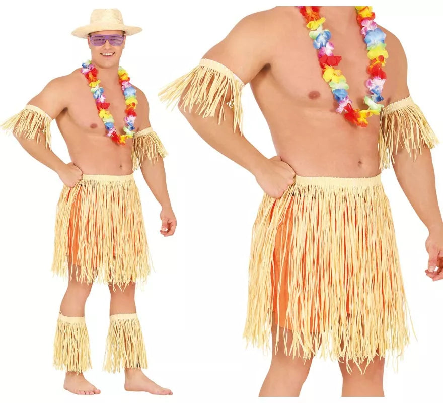 Disfraz o Kit de Hawaiano o Polinesio: Brazalete, Falda y Espinilleras