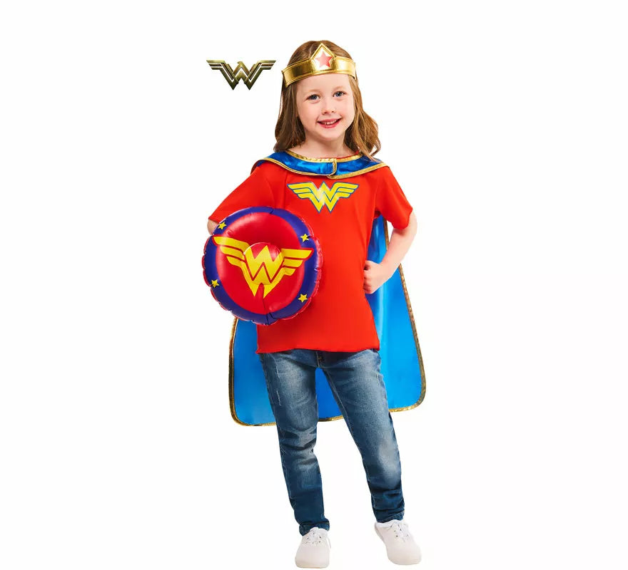 Translation missing: pt-PT.Disfraz o Kit de Wonder Woman para niña: Tiara, Capa, Escudo y Camiseta