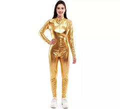 Traje ou macacão com fecho frontal dourado metálico para mulher