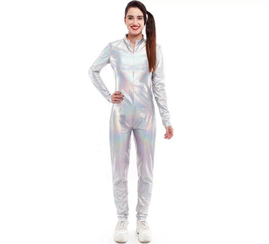 Translation missing: pt-PT.Disfraz o Mono metálico cierre frontal holográfico para mujer