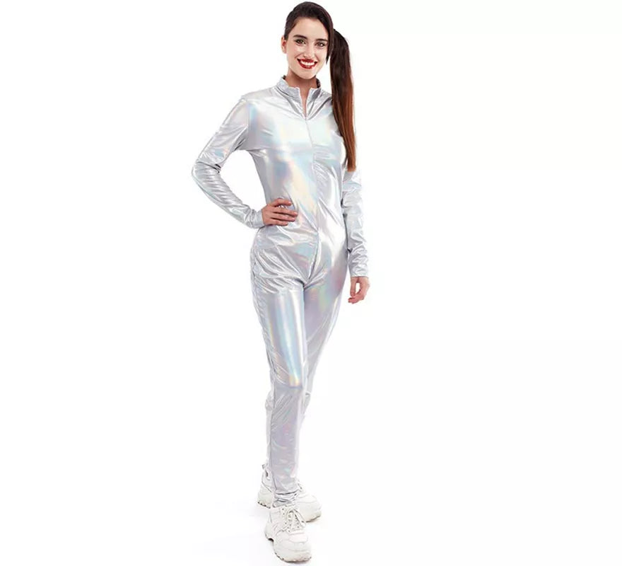 Disfraz o Mono metálico cierre frontal holográfico para mujer