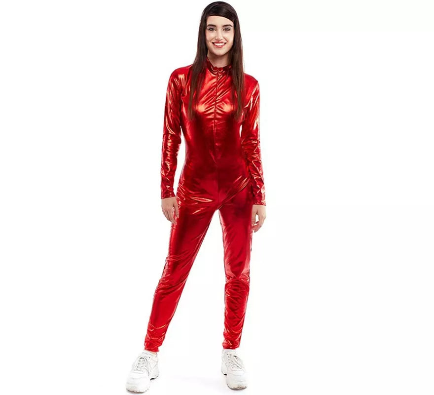 Translation missing: pt-PT.Disfraz o Mono metálico cierre frontal rojo para mujer