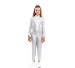 Fato ou macacão metálico holográfico para menina