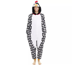 Fato de pinguim de Natal estampado ou pijama com capuz para adulto