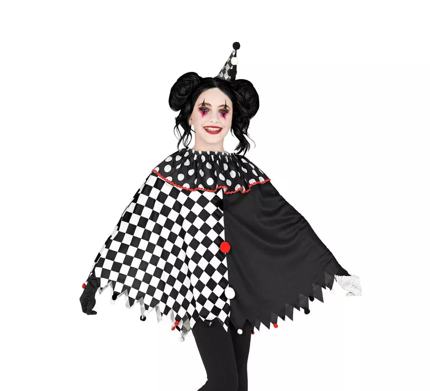Translation missing: pt-PT.Disfraz o Poncho de Arlequín Negro y Blanco a Cuadros para niña