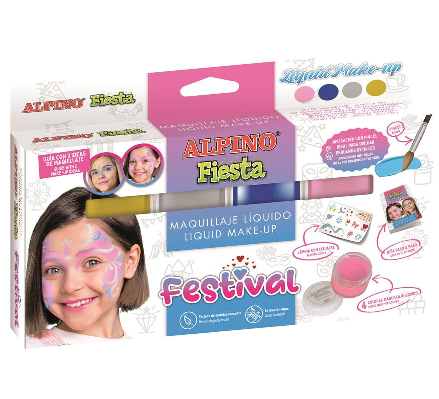 Set Maquilaje Festival Líquido: 4 colores x 10g, pincel, tatuajes y folleto