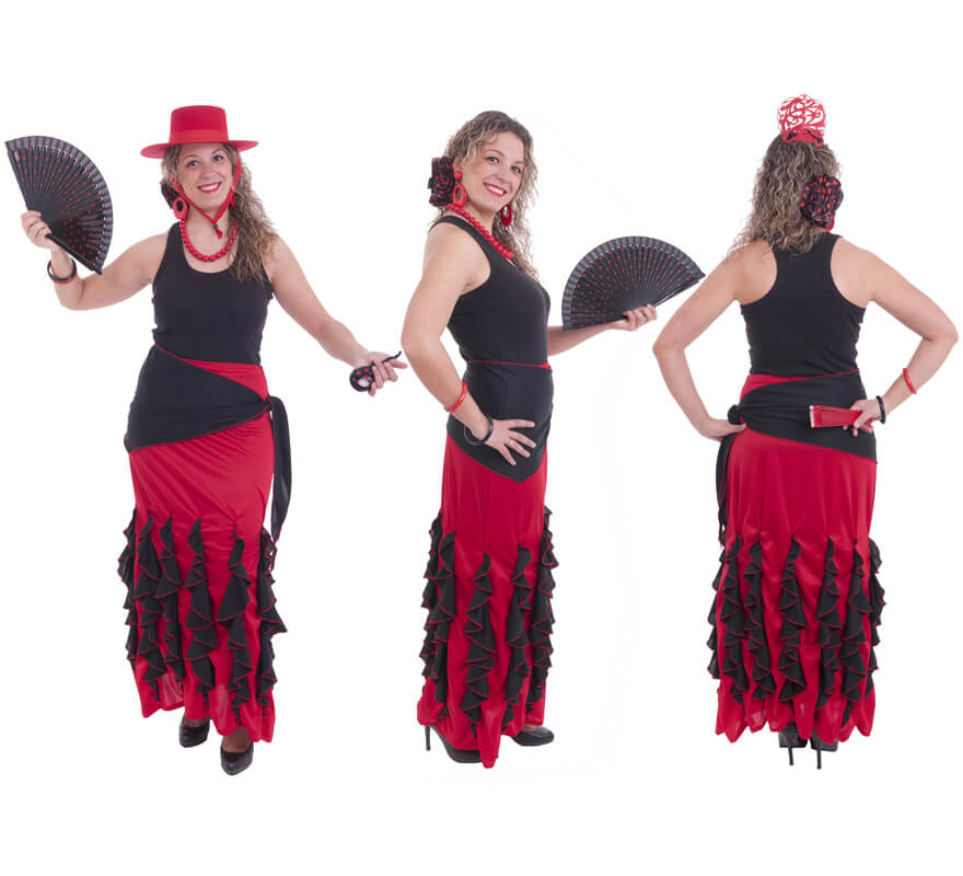 Translation missing: pt-PT.Falda flamenca roja con adornos negros