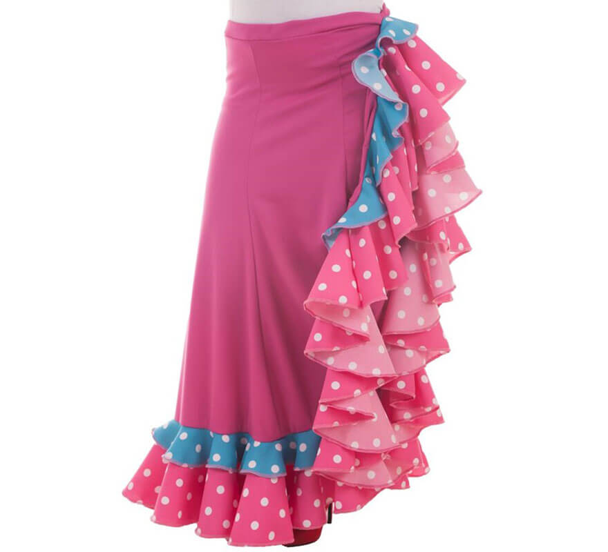 Translation missing: pt-PT.Falda Sevillana Azul y Fuxia con Topos