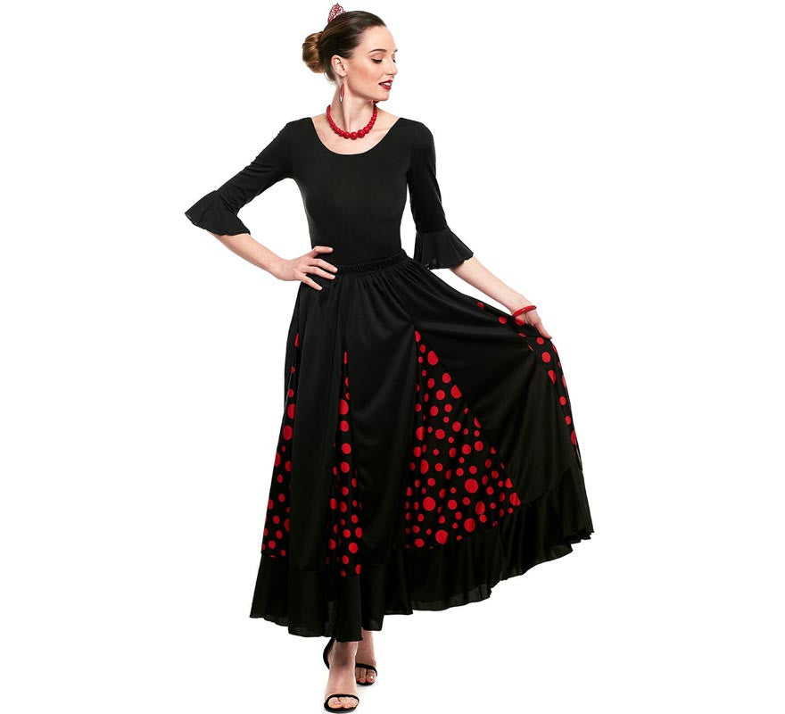 Translation missing: pt-PT.Falda Sevillana de Quillas negro con Lunar rojo para mujer