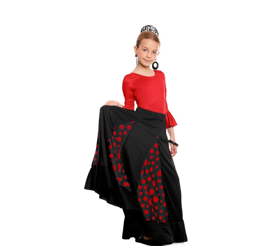 Translation missing: pt-PT.Falda Sevillana de Quillas negro con Lunar rojo para niña