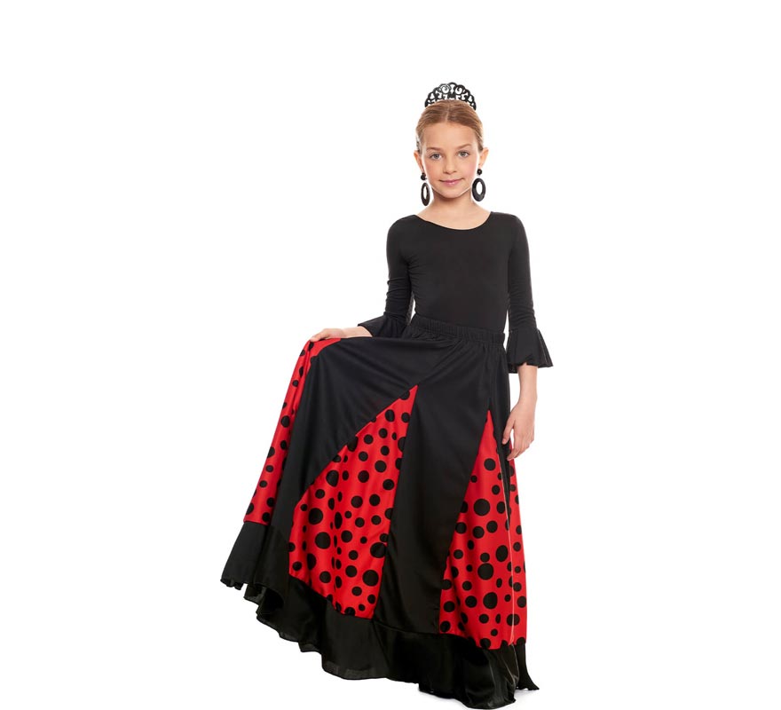 Translation missing: pt-PT.Falda Sevillana de Quillas negro y rojo con Lunar negro para niña