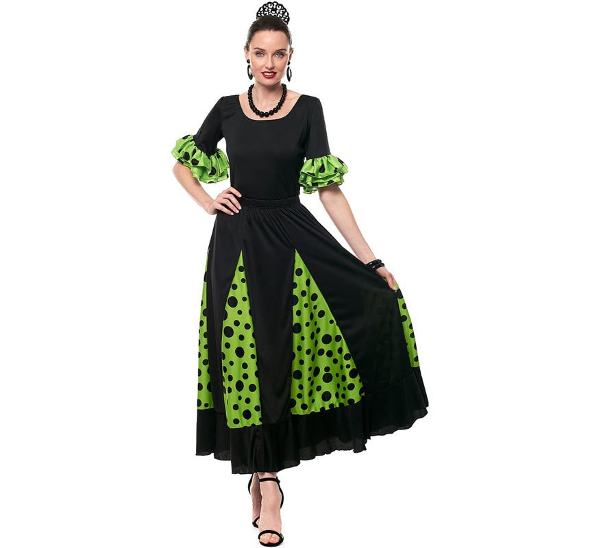 Translation missing: pt-PT.Falda Sevillana de Quillas negro y verde con Lunar negro para mujer