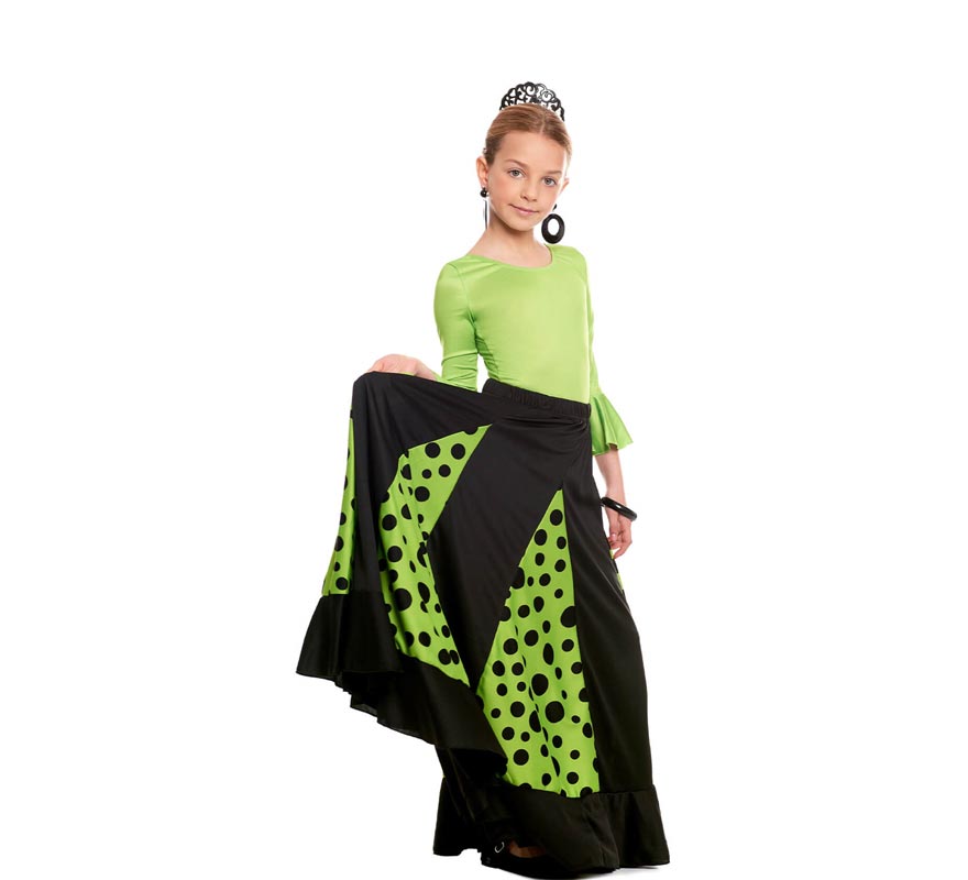 Translation missing: pt-PT.Falda Sevillana de Quillas negro y verde con Lunar negro para niña