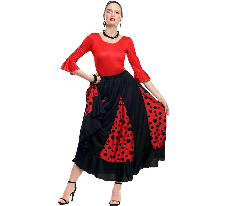 Translation missing: pt-PT.Falda Sevillana de Quillas negro y rojo con Lunar negro para mujer