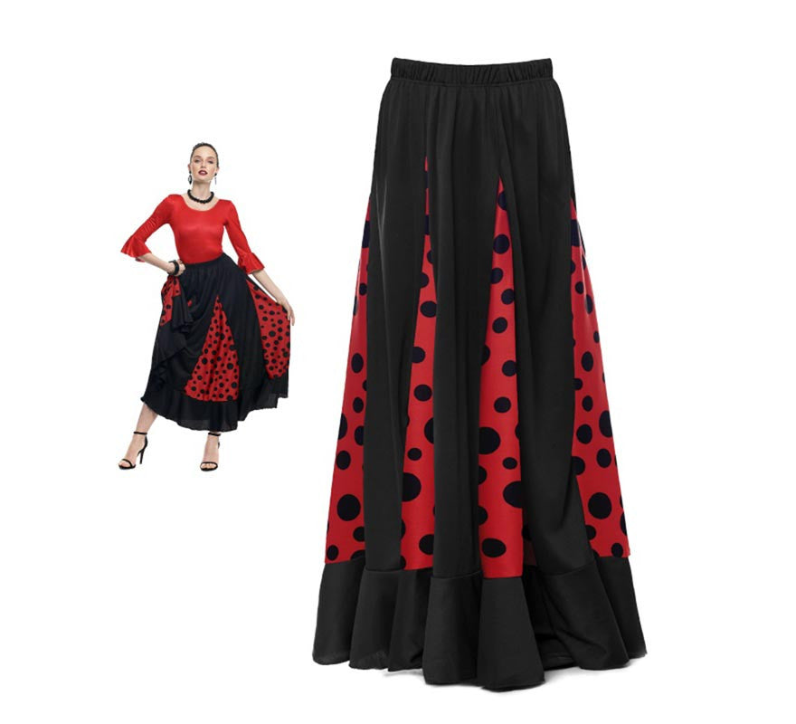 Translation missing: pt-PT.Falda Sevillana de Quillas negro y rojo con Lunar negro para mujer