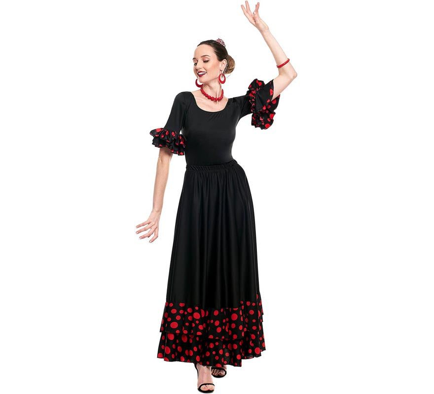 Translation missing: pt-PT.Falda Sevillana doble Volante con Lunar negro y rojo para mujer