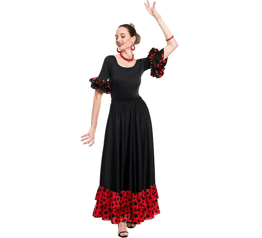 Falda Sevillana doble Volante con Lunar rojo y negro para mujer
